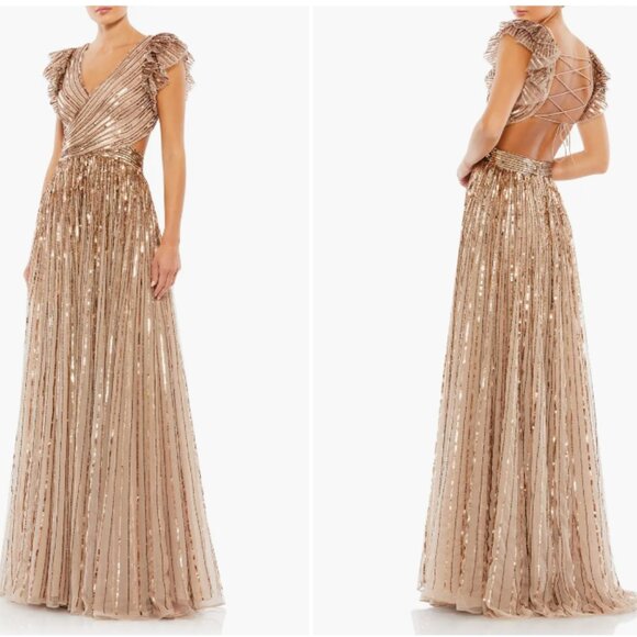 MAC DUGGAL 5568 SEQINED CUTOUT RUFFLED CAP SLEEVE LACE UP COPPER GOWN sz 6 - Picture 1 of 4